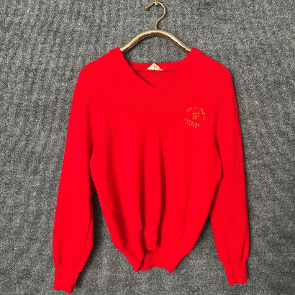 Vintage 60s 70s Bowling Sweater Unisex M Orange Spartan Lanes England V-Neck